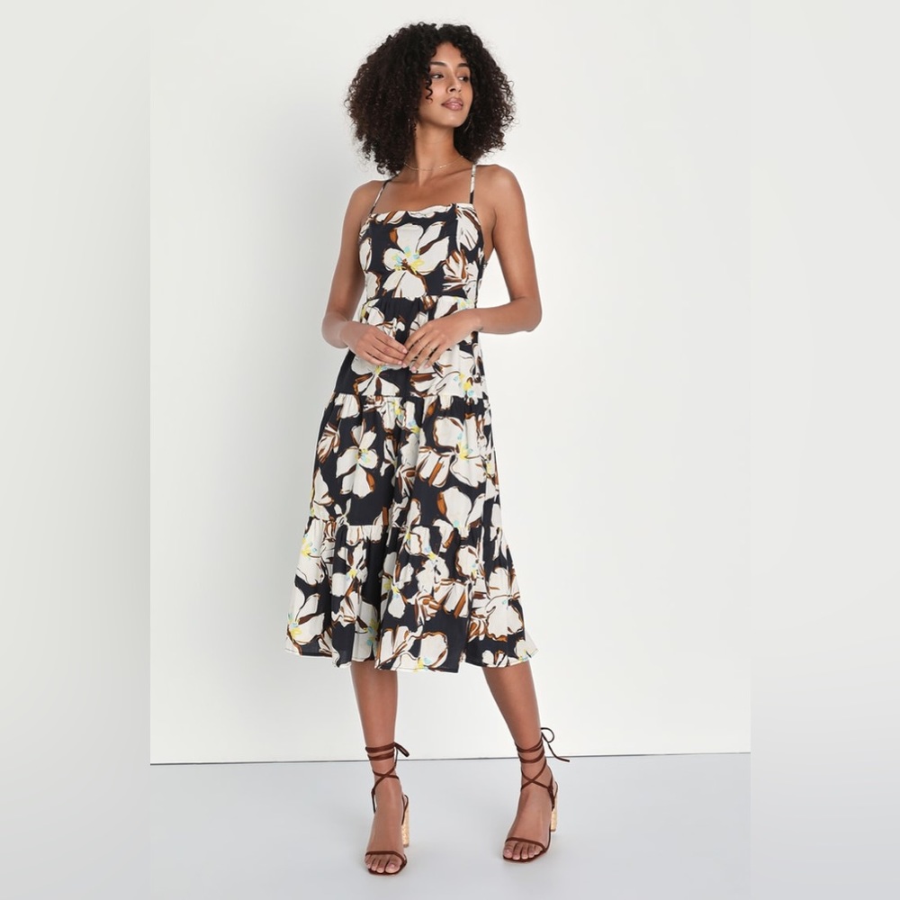 NEW Lulu’s Bound for Bali Black Floral Backless Midi Dress With Pockets Size S
